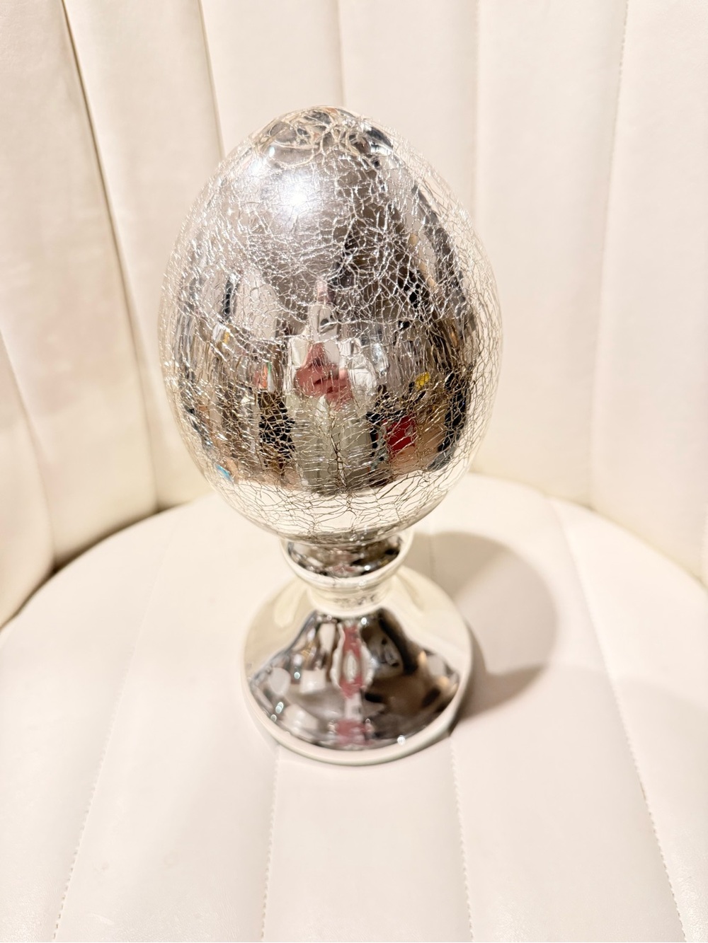 Silver Crackle Glass Egg Ornament on Pedestal - Home Art
